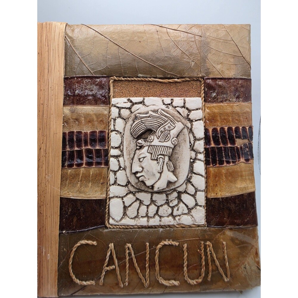 Vintage Cancun Mexico Handcrafted Photo Album Mayan Art Relief Leaf Twine Wood